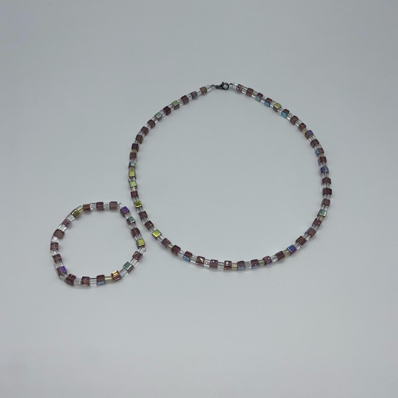 Handmade Glass Cube Bead Necklace & Bracelet Set - Picture 6 of 11